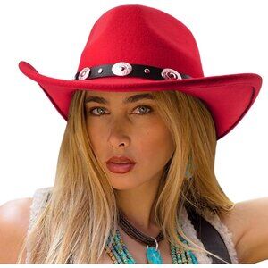 Women's Red Western with Braided Band Buckle Classic Fedora Felt Cowboy Hat